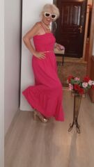harika fuşya pembe keten elbise standart beden